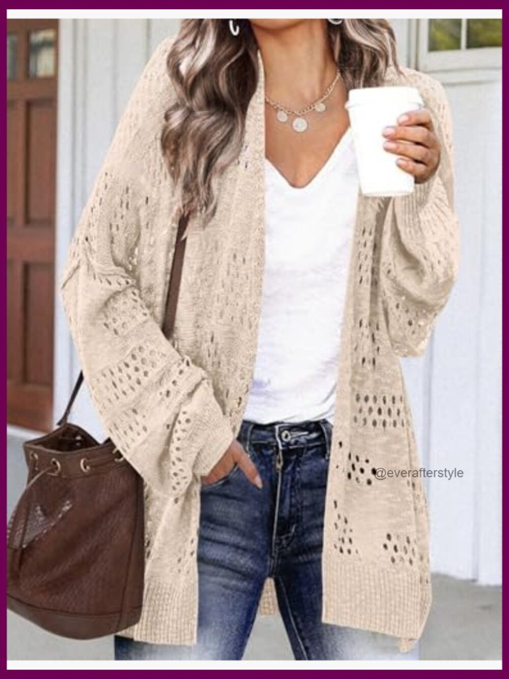 Lightweight Crochet Cardigan Long Sleeve Open Front Knit Oversized Sweater - Picture 2 of 7